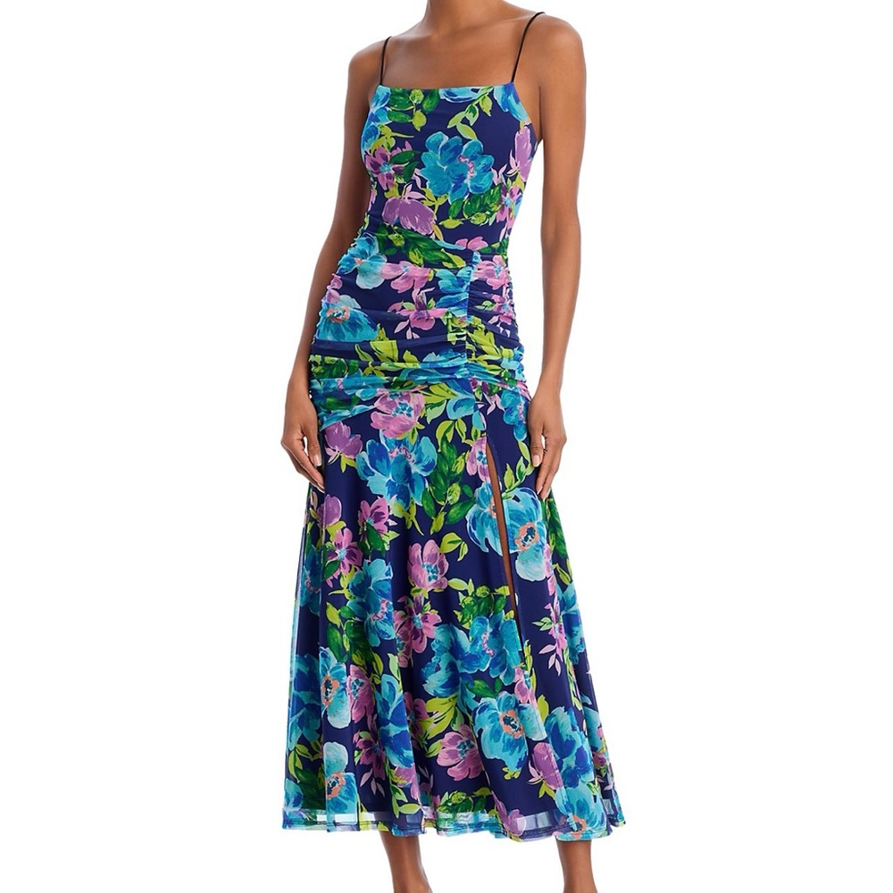 Aqua Ruched Blue and Purple Midi Sundress